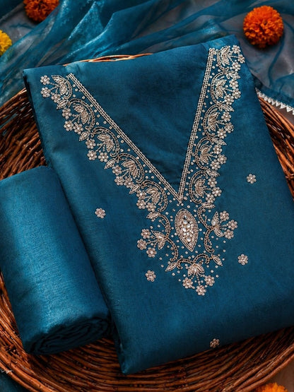Riva Teal Blue Unstitched Suit Set with Pearl & Sequins Work