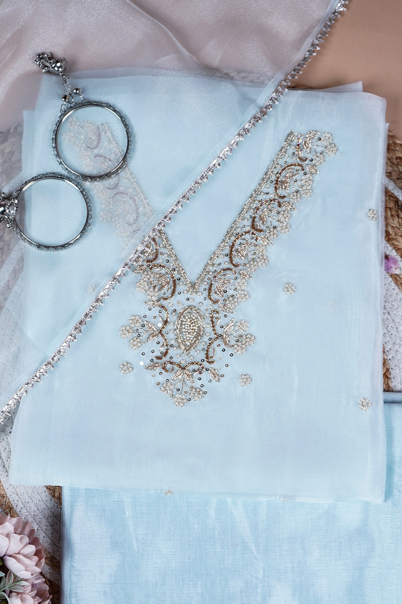Riva Ice Blue Zari & Sequins Embellished Unstitched Suit Set