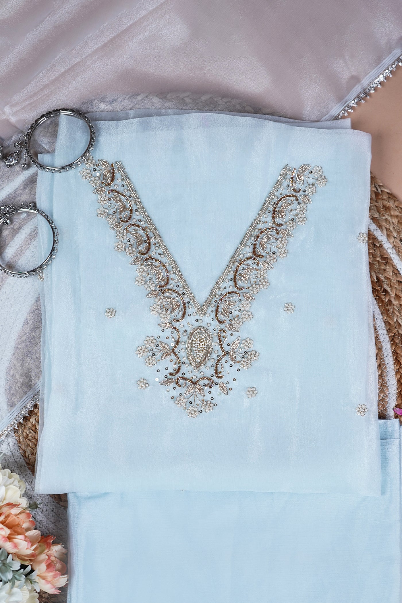 Riva Ice Blue Zari & Sequins Embellished Unstitched Suit Set