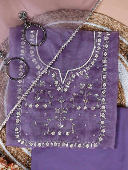 Dusky orchid  Unstitched Suit with Golden Zari and Sequin Floral Embroidery