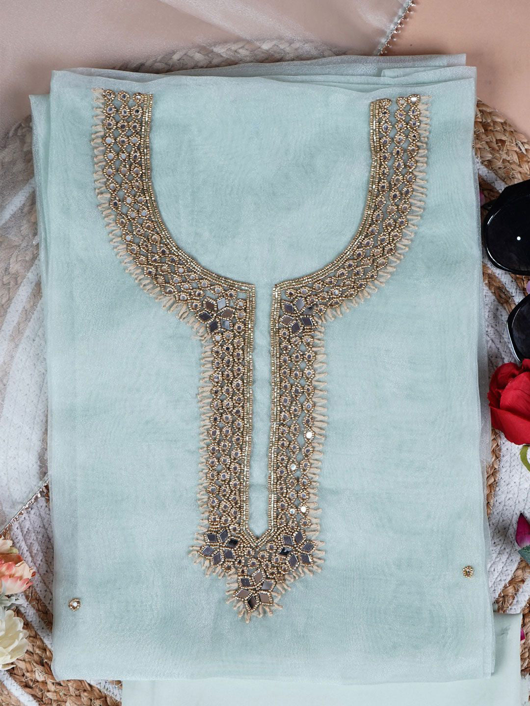 Sage Green Glow Pista Unstitch Suit with Exquisite Mirror Work Heritage Weave