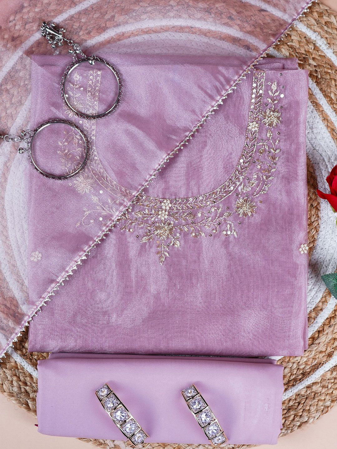 Onion Pink Unstitched Suit with Handcrafted Zardozi  And Pearl Work
