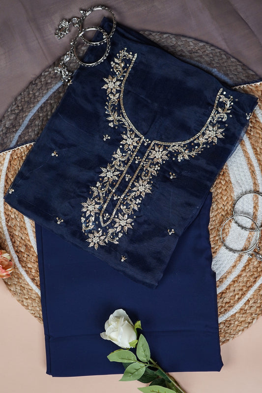 Saanjh Blue Unstitched Suit Set with Handcrafted Zardozi Work