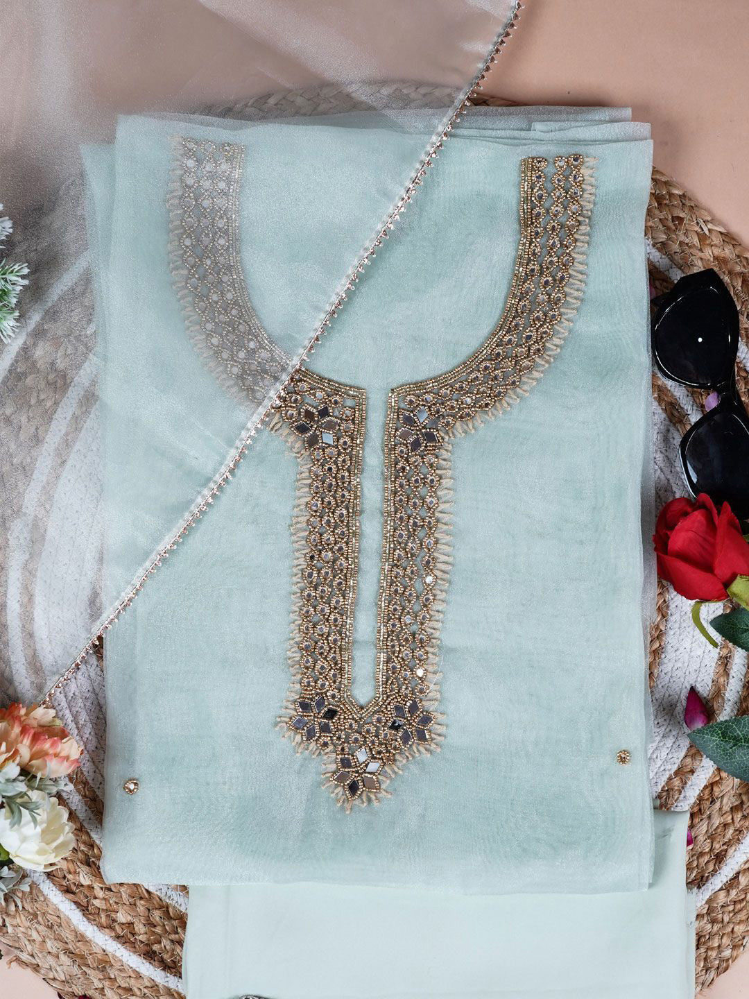 Sage Green Glow Pista Unstitch Suit with Exquisite Mirror Work Heritage Weave