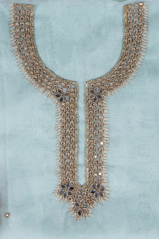 Sage Green Glow Pista Unstitch Suit with Exquisite Mirror Work Heritage Weave