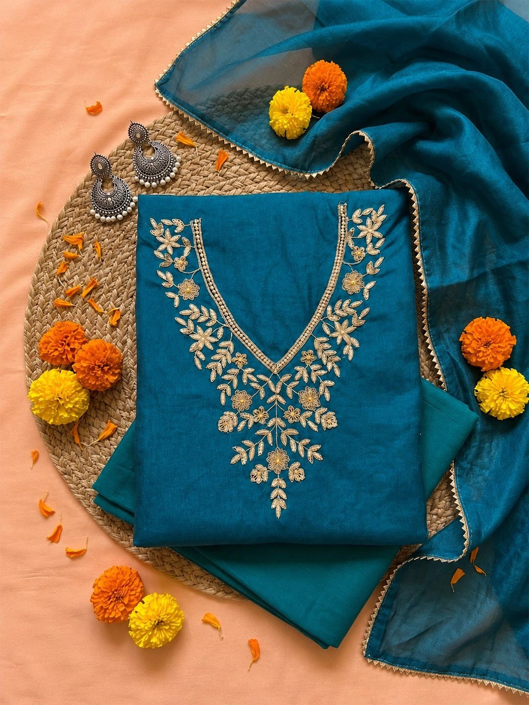 Firoza Unstitched Suit Set with Floral Zardozi Work