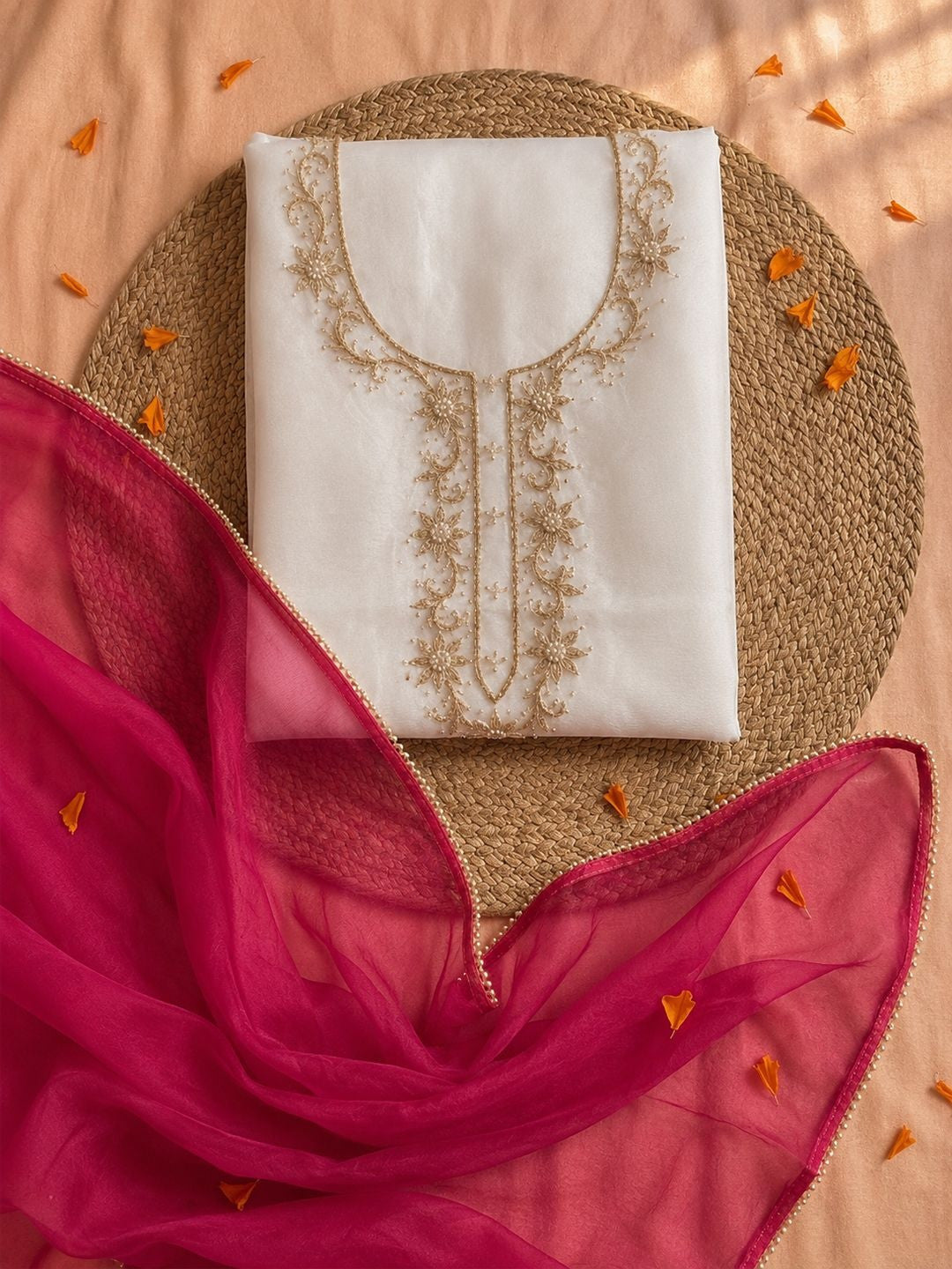 Saanjh Ivory Unstitched Suit Set with Handcrafted Zardozi Work