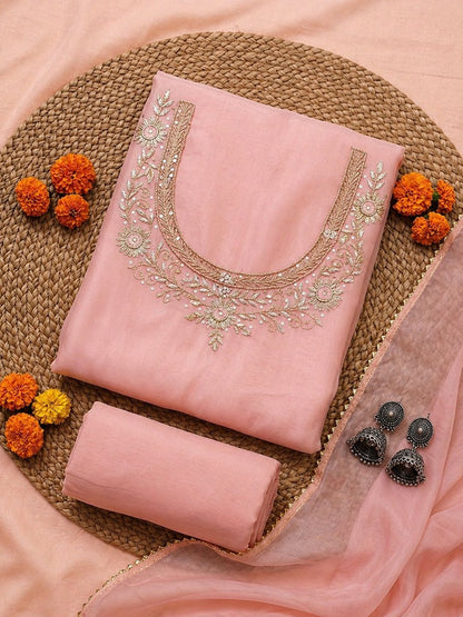 Petal Pink Unstitched Suit Set with Handcrafted Zardozi & Pearl Work