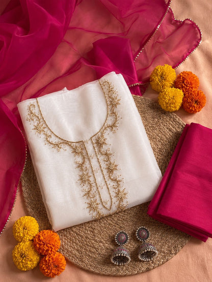 Saanjh Ivory Unstitched Suit Set with Handcrafted Zardozi Work