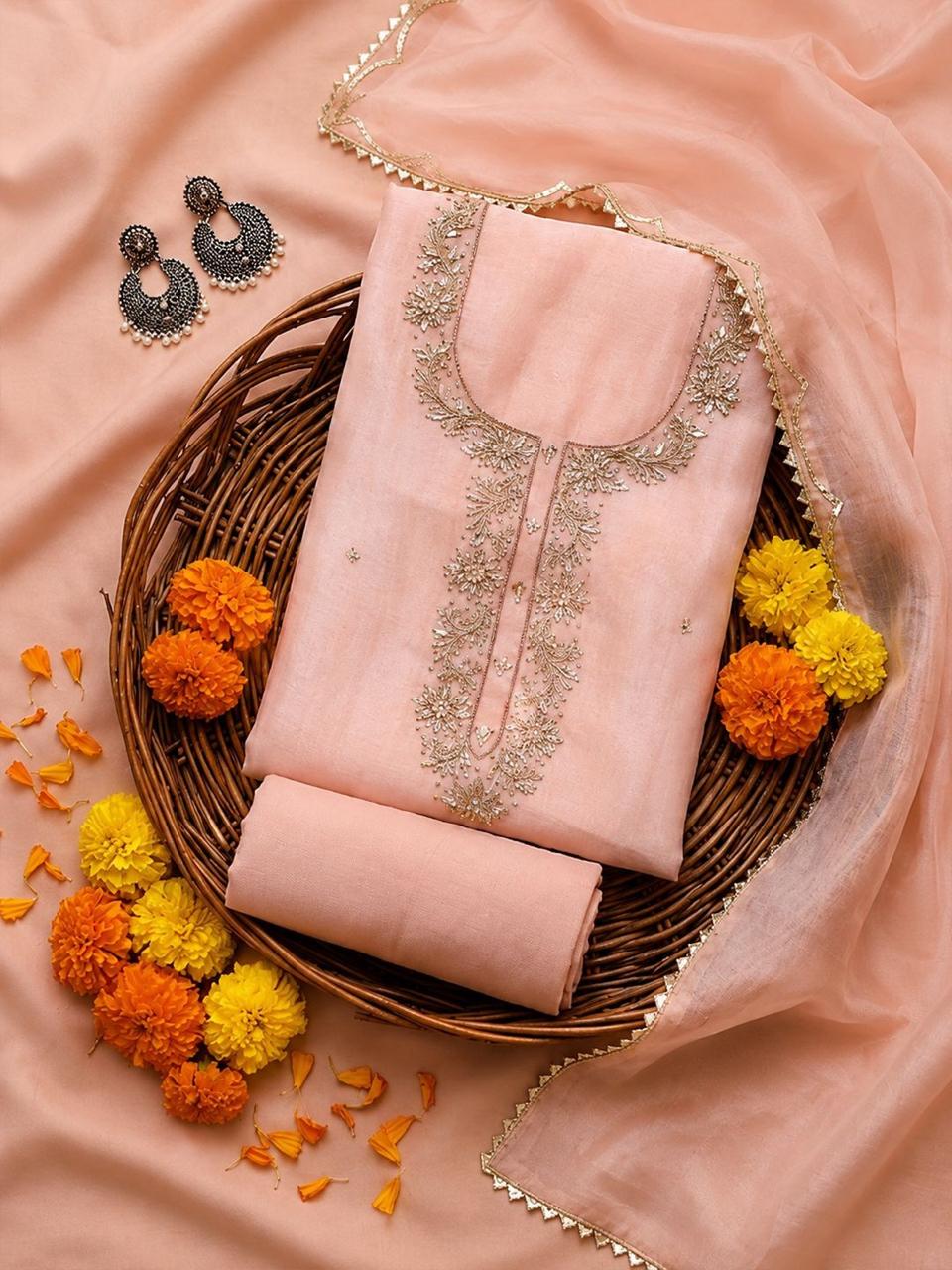 Saanjh Pink Unstitched Suit Set with Handcrafted Zardozi Work