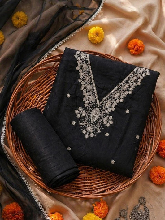 Riva Classic Black Unstitched Suit Set with Pearl & Sequins Work