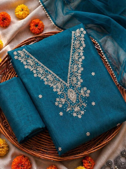 Riva Teal Blue Unstitched Suit Set with Pearl & Sequins Work