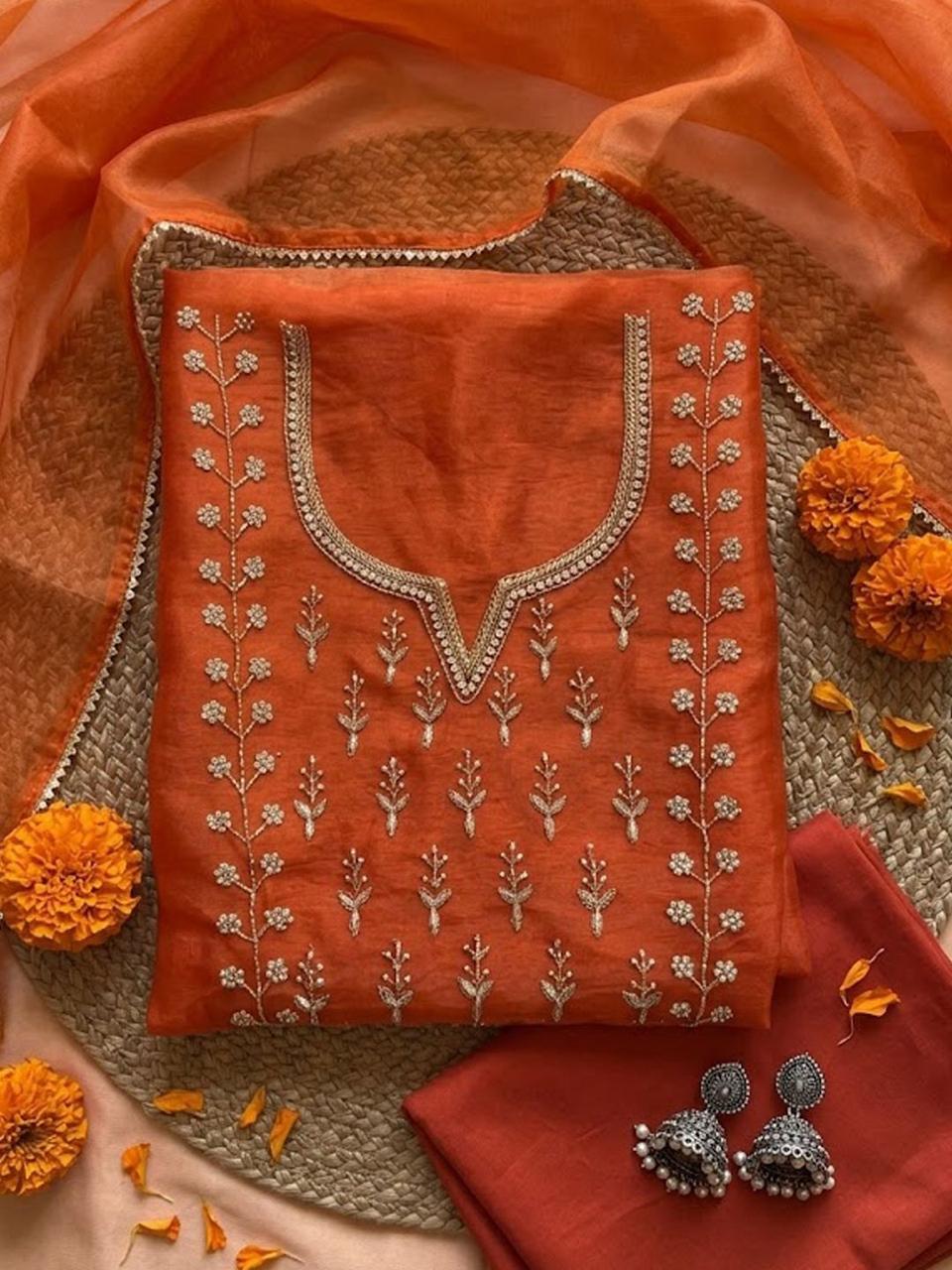 Rust Orange Glow Hand Embroidered Unstitched Suit with Zari & Sequin Work