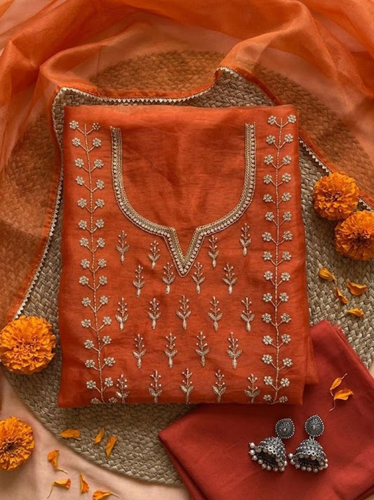 Rust Orange Glow Hand Embroidered Unstitched Suit with Zari & Sequin Work