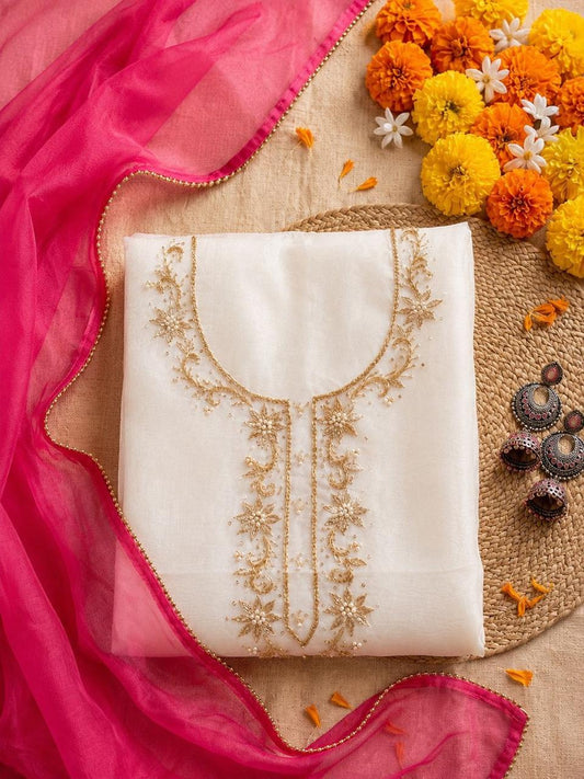 Saanjh Ivory Unstitched Suit Set with Handcrafted Zardozi Work