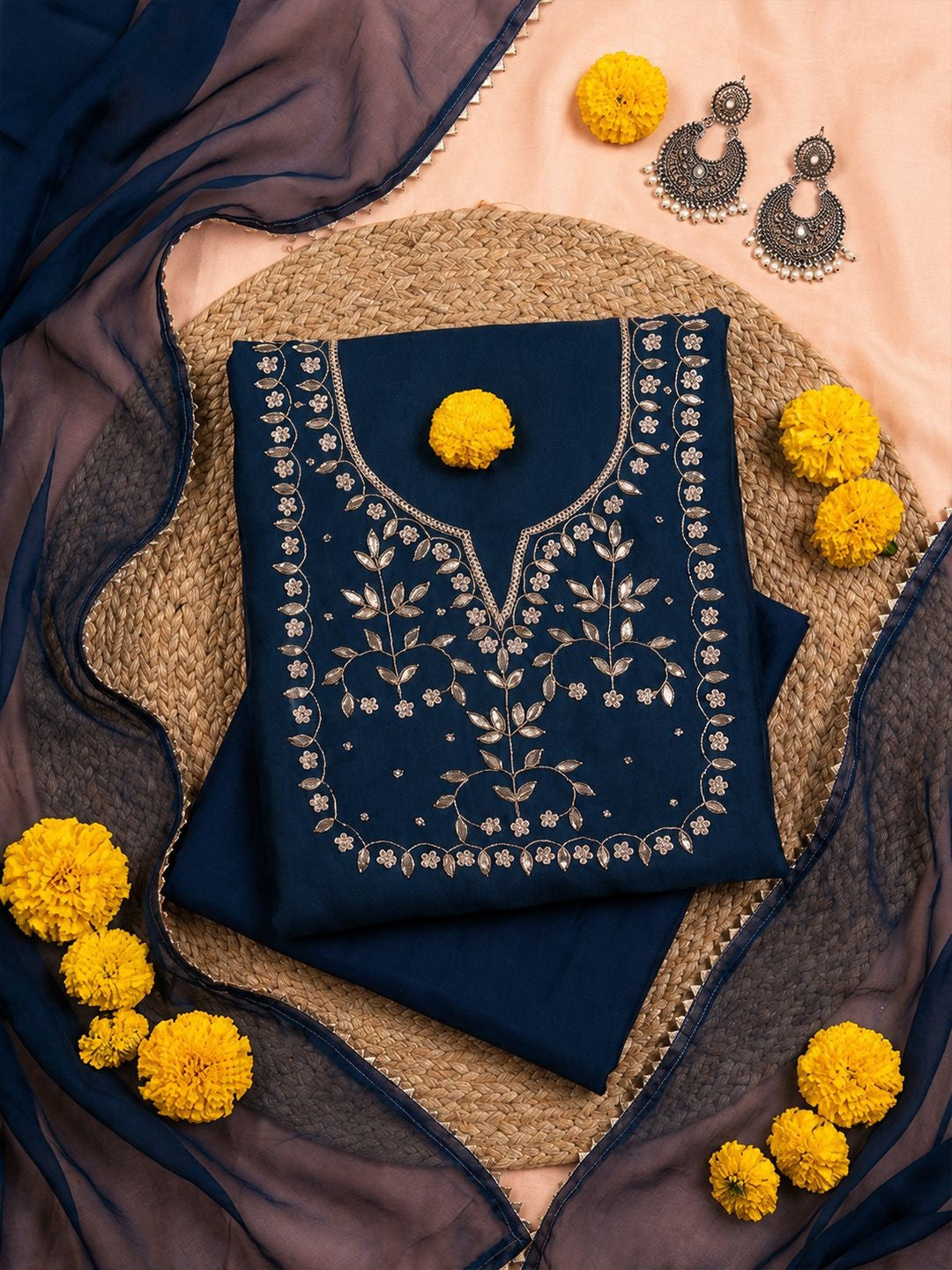 Ink Blue Unstitched Suit with Silver Zari and Sequin Floral Embroidery