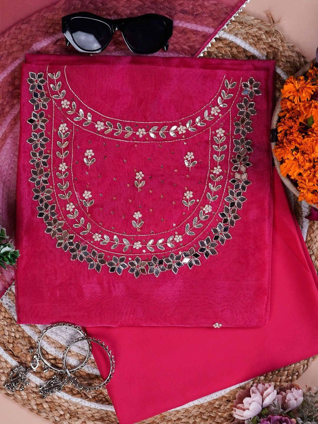 Magenta Meher Mirror Embroidered Unstitched Suit Set