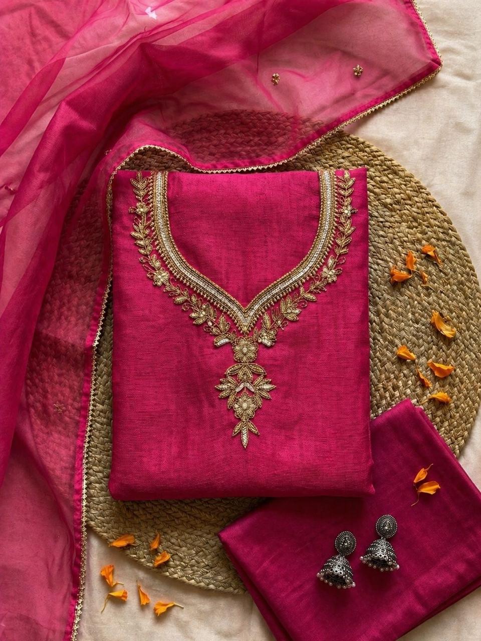 Rani Pink Unstitched Suit Set with Floral Zardozi Work