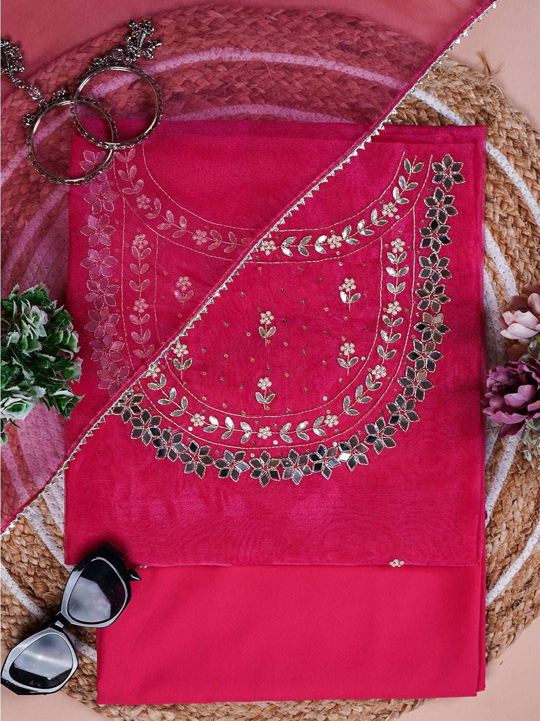 Magenta Meher Mirror Embroidered Unstitched Suit Set