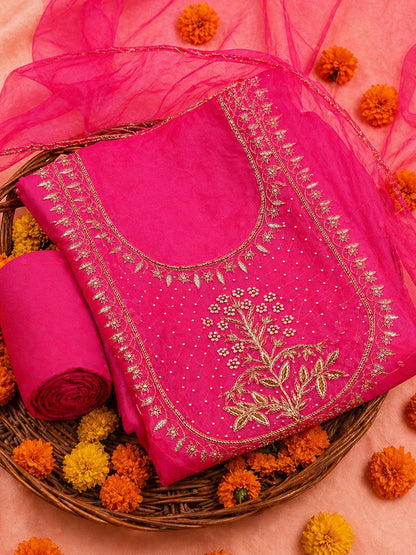 Fuchsia Pink Unstitched Suit Set with Floral Zardozi & Gota Patti Work