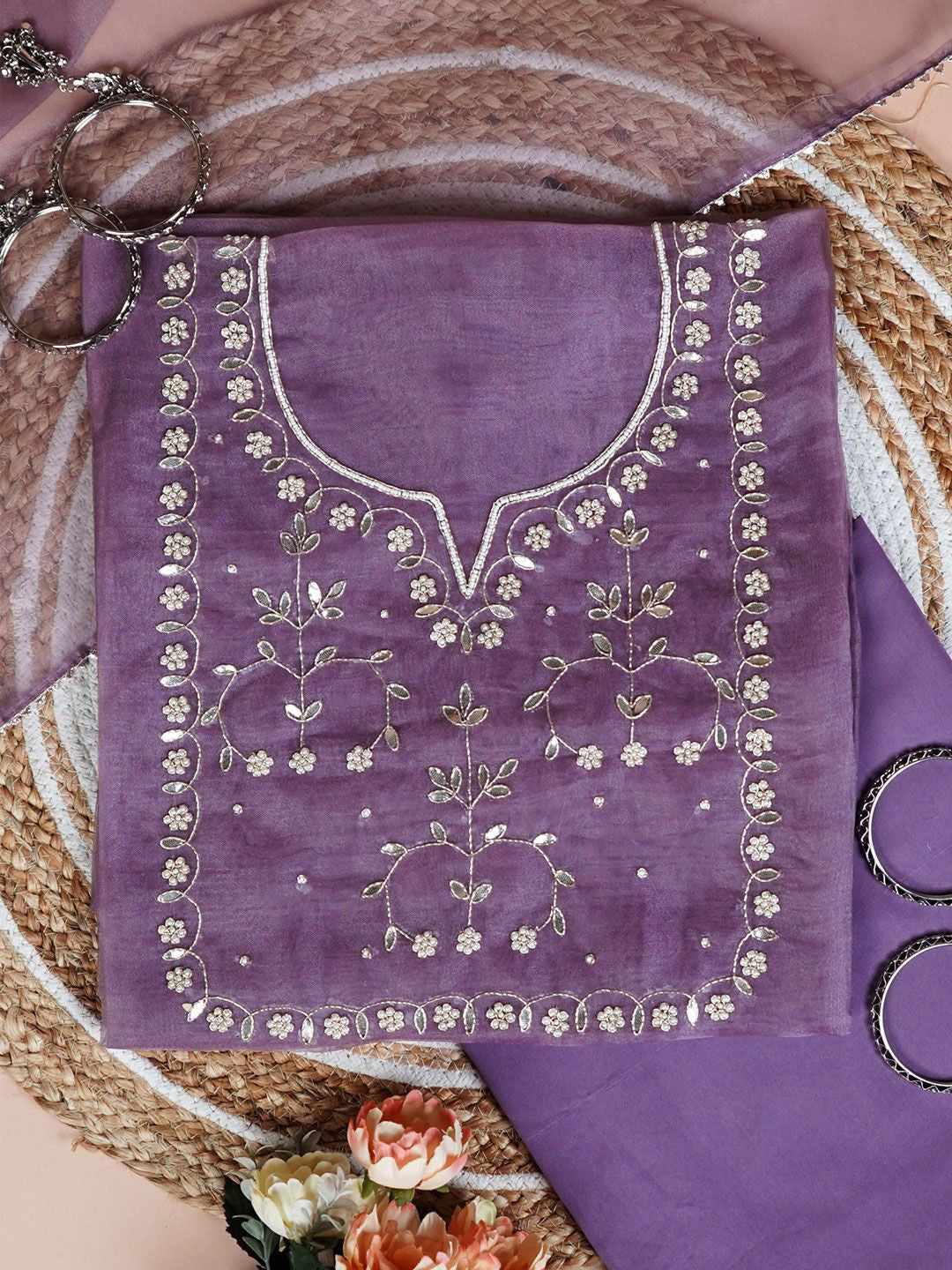 Dusky orchid  Unstitched Suit with Golden Zari and Sequin Floral Embroidery