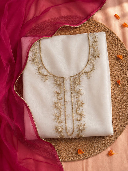 Saanjh Ivory Unstitched Suit Set with Handcrafted Zardozi Work