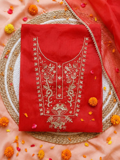 Gulnaar Red Zari Unstitched Suit Set
