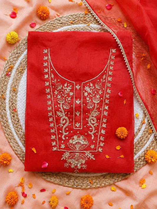 Gulnaar Red Zari Unstitched Suit Set