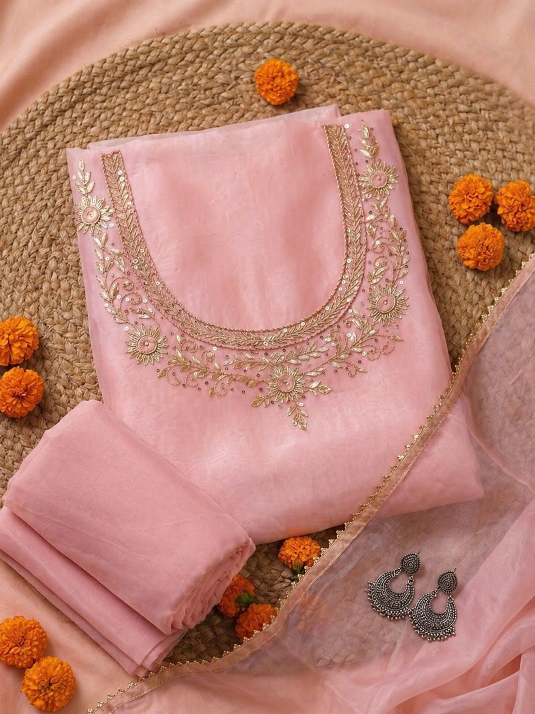 Petal Pink Unstitched Suit Set with Handcrafted Zardozi & Pearl Work