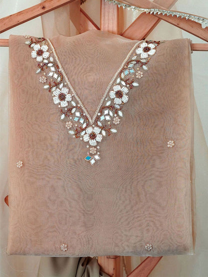 Caramel Pearl Mirror Work Organza Unstitched Suit Set