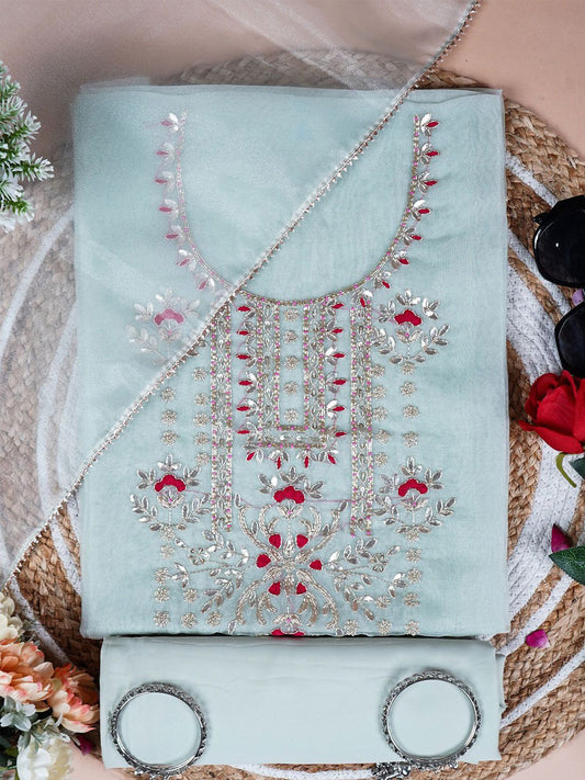 Pista Green Unstitched Suit with Rich Gota Patti and Rani Thread Embroidery