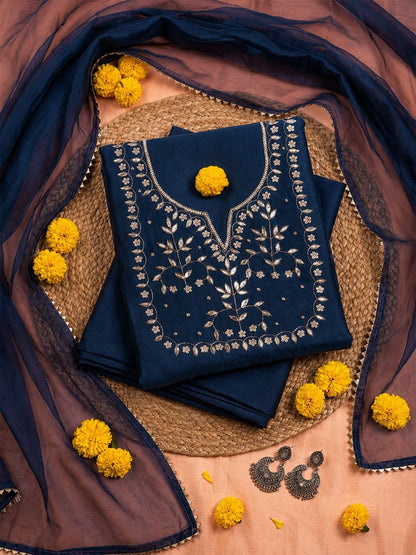 Ink Blue Unstitched Suit with Silver Zari and Sequin Floral Embroidery