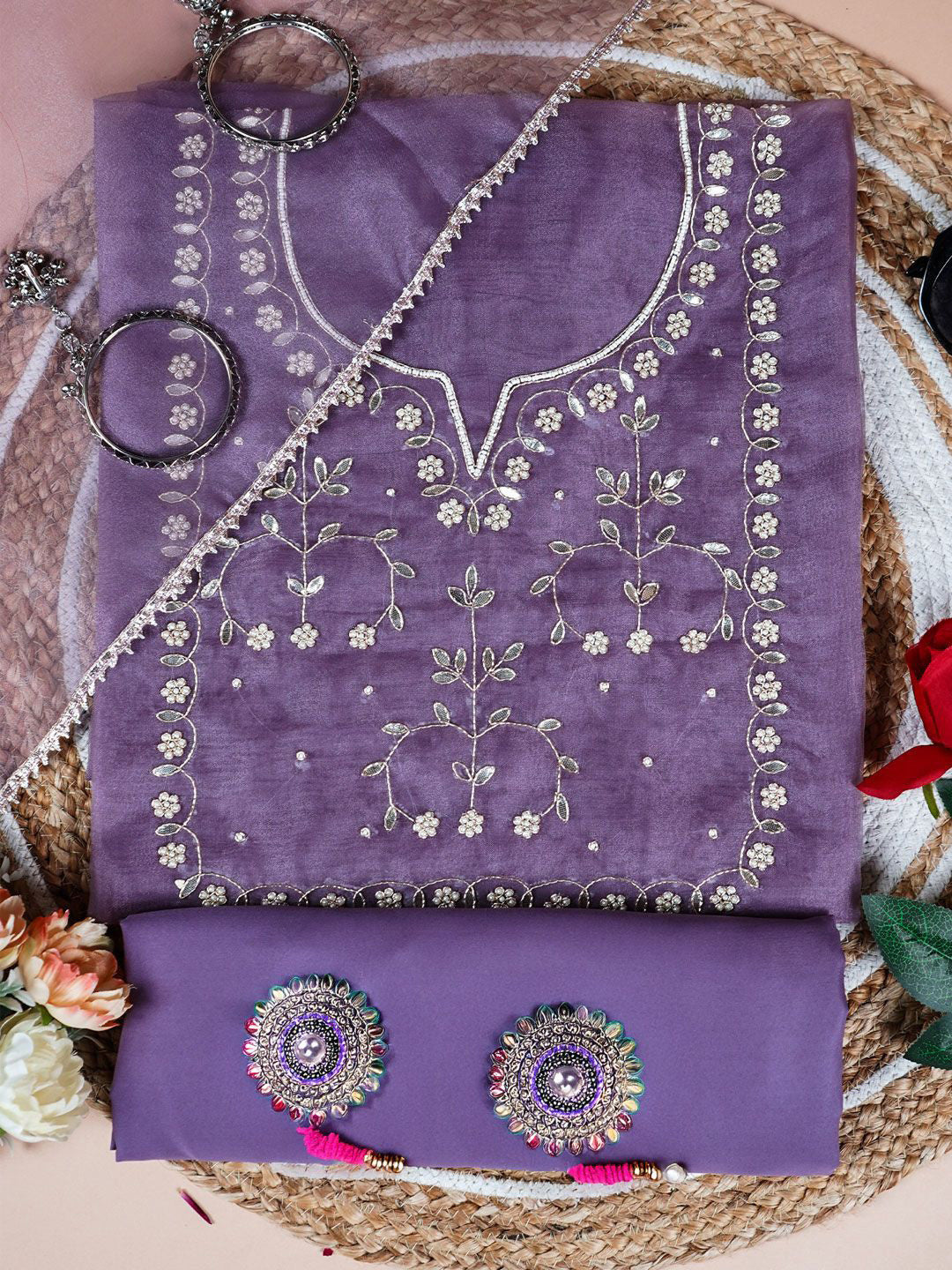Dusky orchid  Unstitched Suit with Golden Zari and Sequin Floral Embroidery