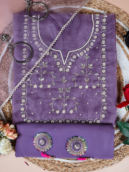 Dusky orchid  Unstitched Suit with Golden Zari and Sequin Floral Embroidery