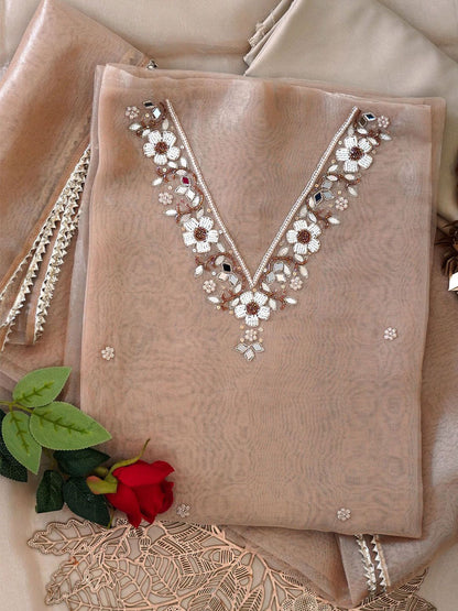 Caramel Pearl Mirror Work Organza Unstitched Suit Set