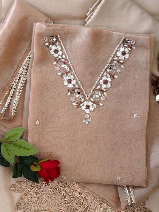 Caramel Pearl Mirror Work Organza Unstitched Suit Set
