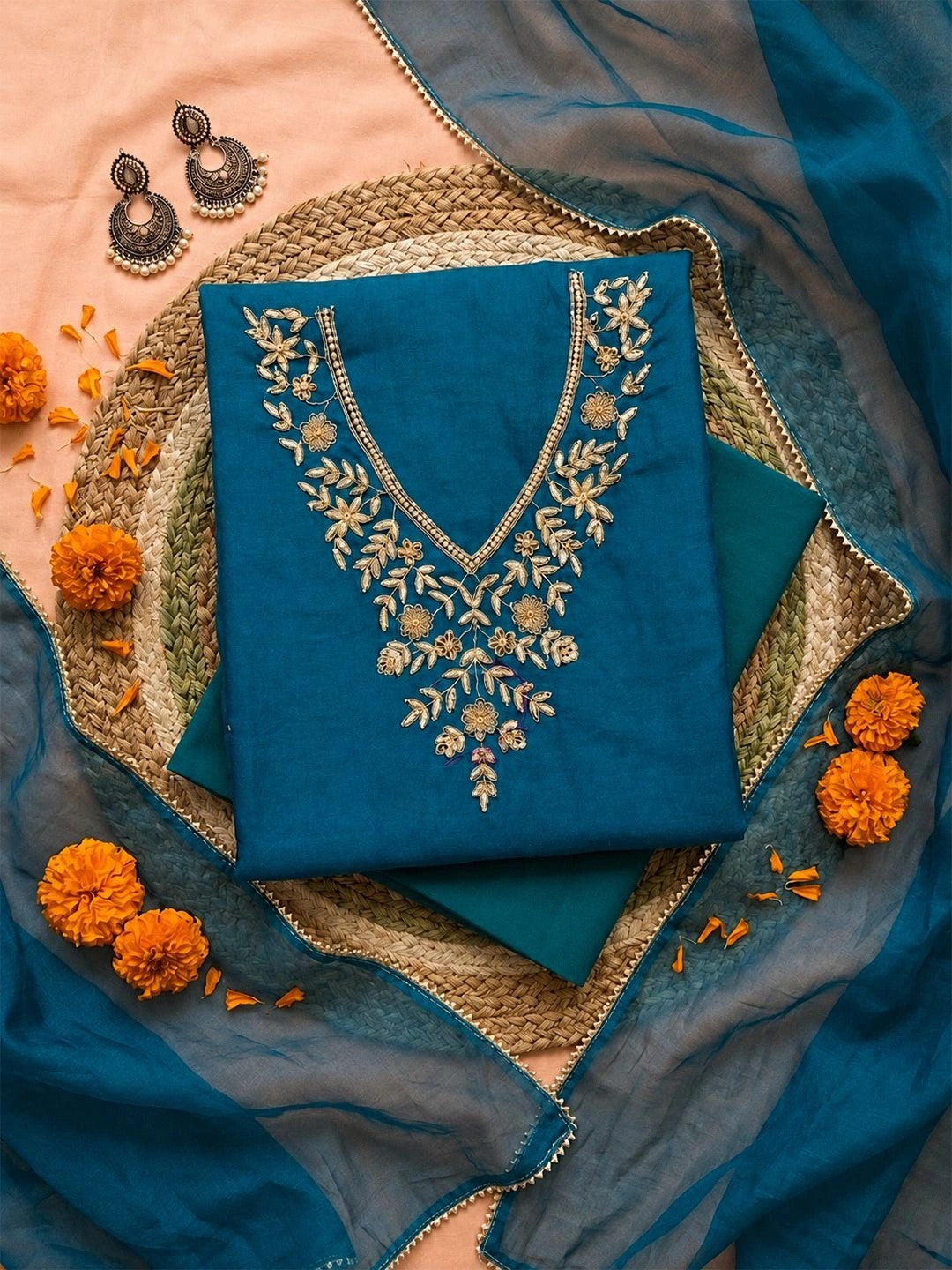 Firoza Unstitched Suit Set with Floral Zardozi Work