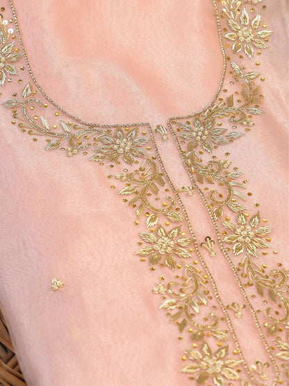 Saanjh Pink Unstitched Suit Set with Handcrafted Zardozi Work
