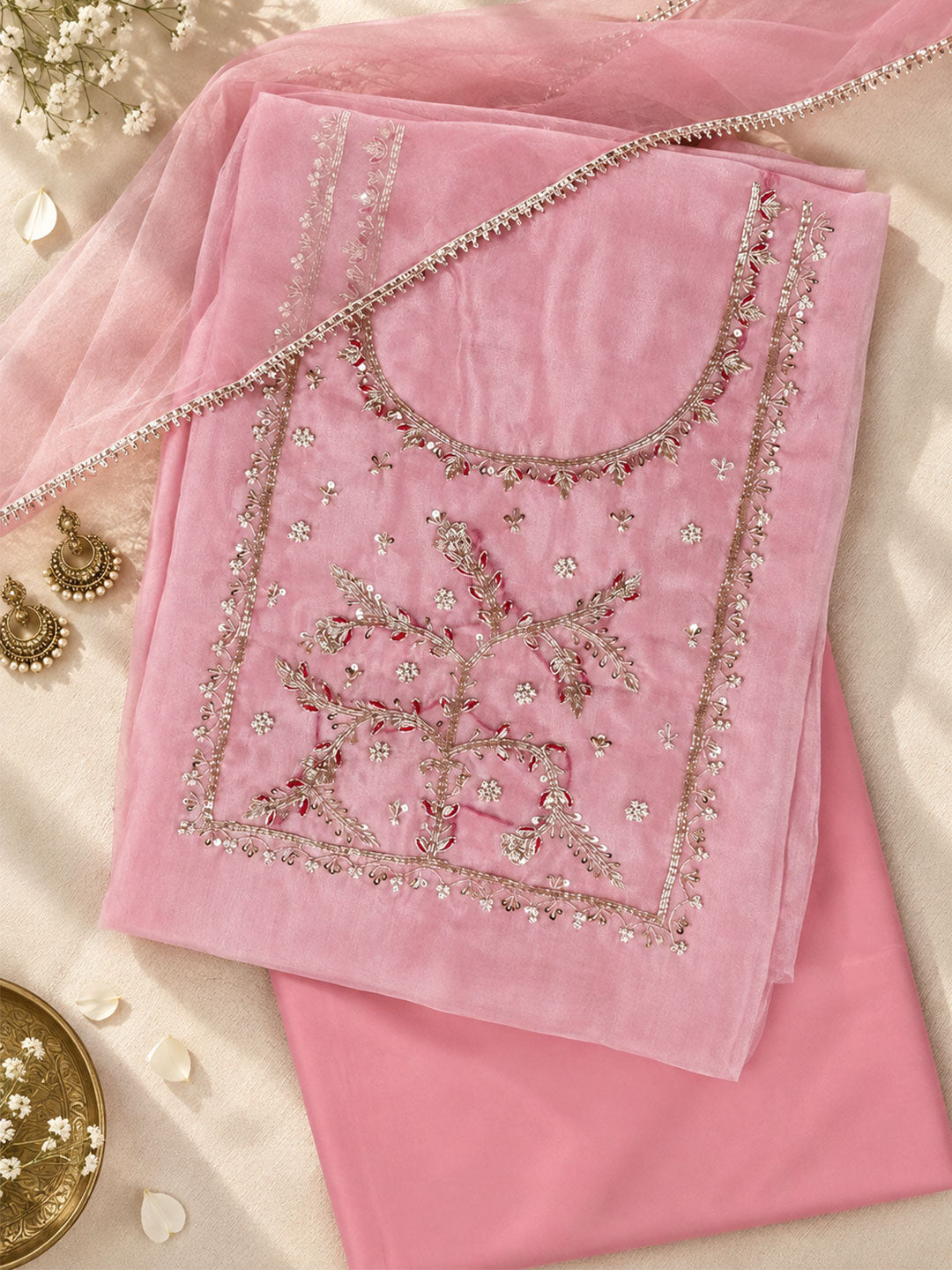 Blush Pink Unstitch Suit with Heavy Handcrafted Zardozi and Gota Patti Work