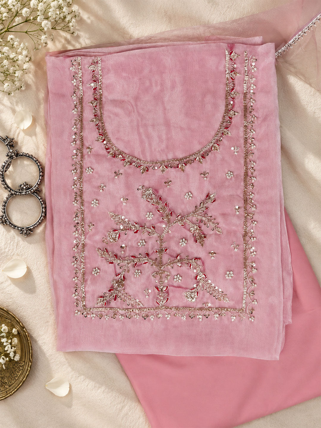 Blush Pink Unstitch Suit with Heavy Handcrafted Zardozi and Gota Patti Work