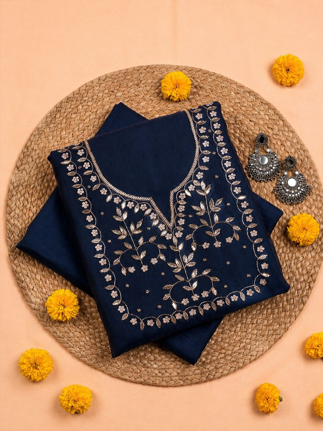 Ink Blue Unstitched Suit with Silver Zari and Sequin Floral Embroidery