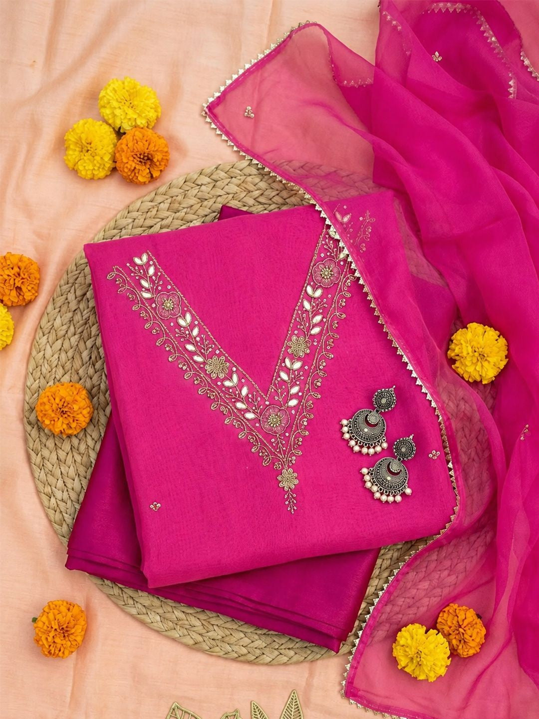 Fuchsia Gulrosh Floral Zari & Resham Thread Suit Set