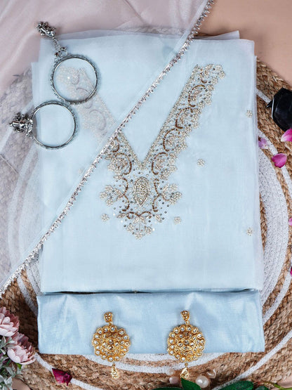 Riva Ice Blue Zari & Sequins Embellished Unstitched Suit Set