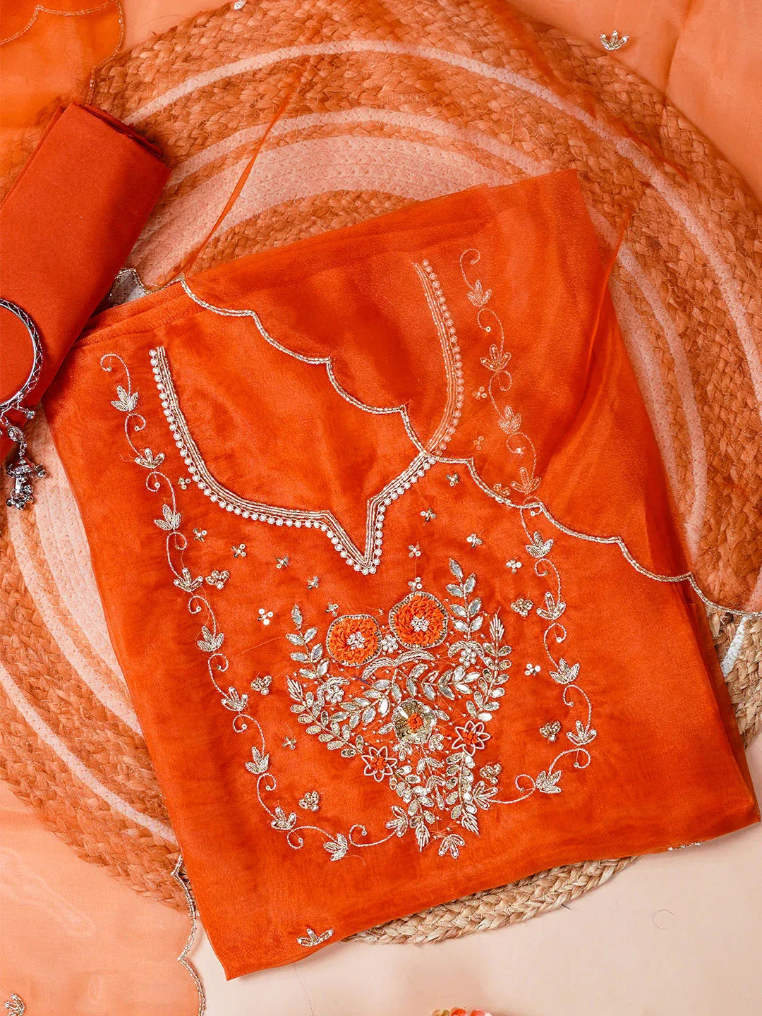 Kesar Hand Embroidered Unstitched Suit Set with Resham & Zari Floral Work - Achrangi