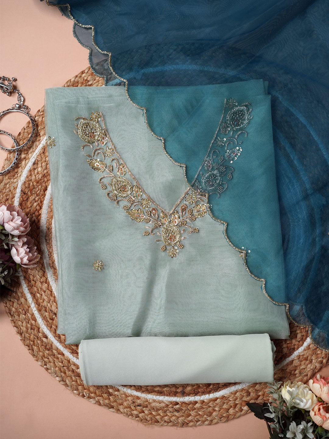 Soft Green Glow Hand Embroidered Unstitched Suit Set with Zari & Zardozi Work