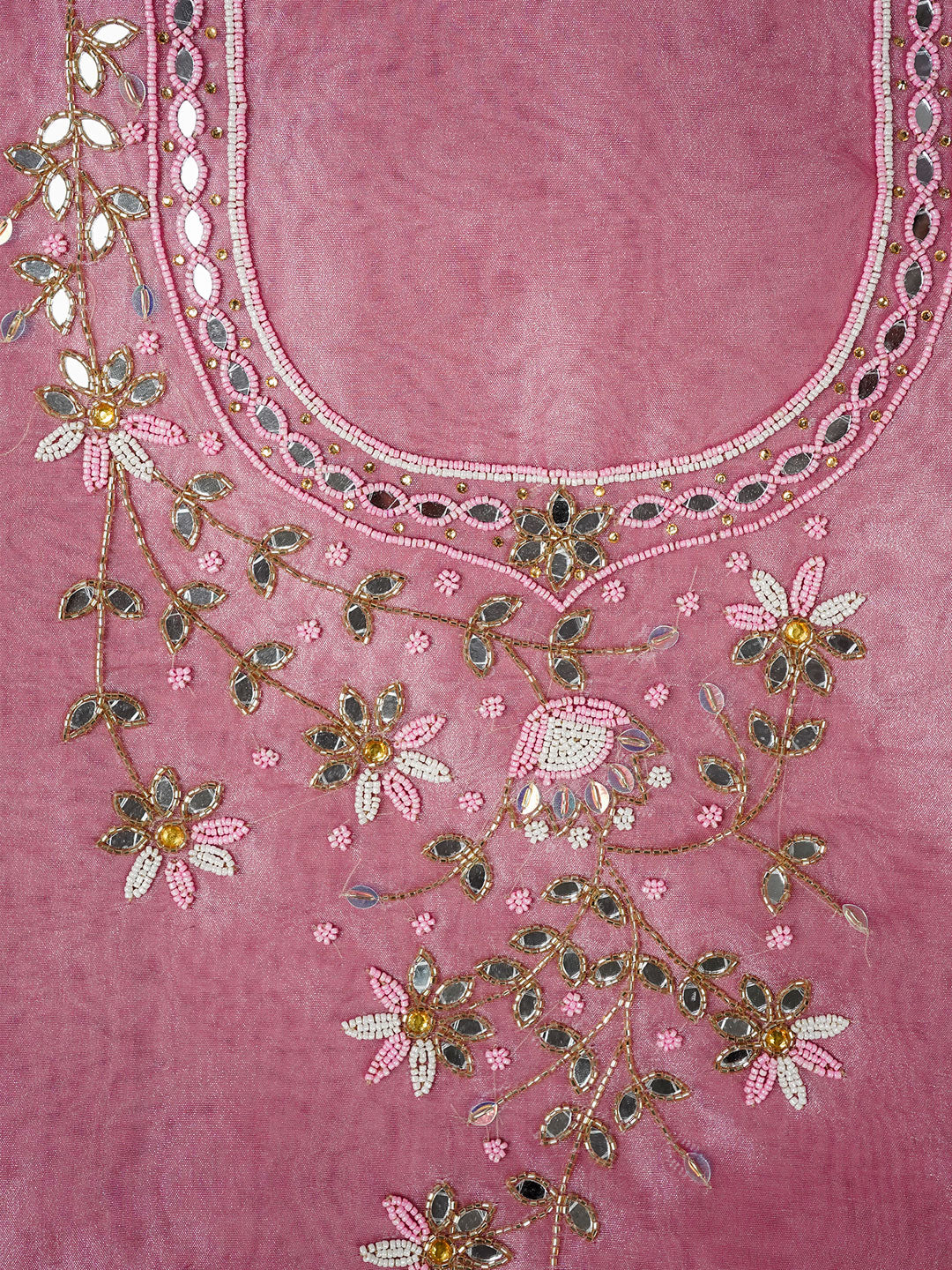 Pink Petal Hand Embroidered Unstitched Suit Set with Beads & Mirror Work