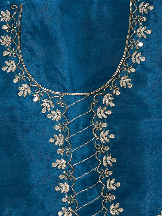 Ocean Blue Hand Embroidered Unstitched Suit Set with Gota Patti & Cutdana Work