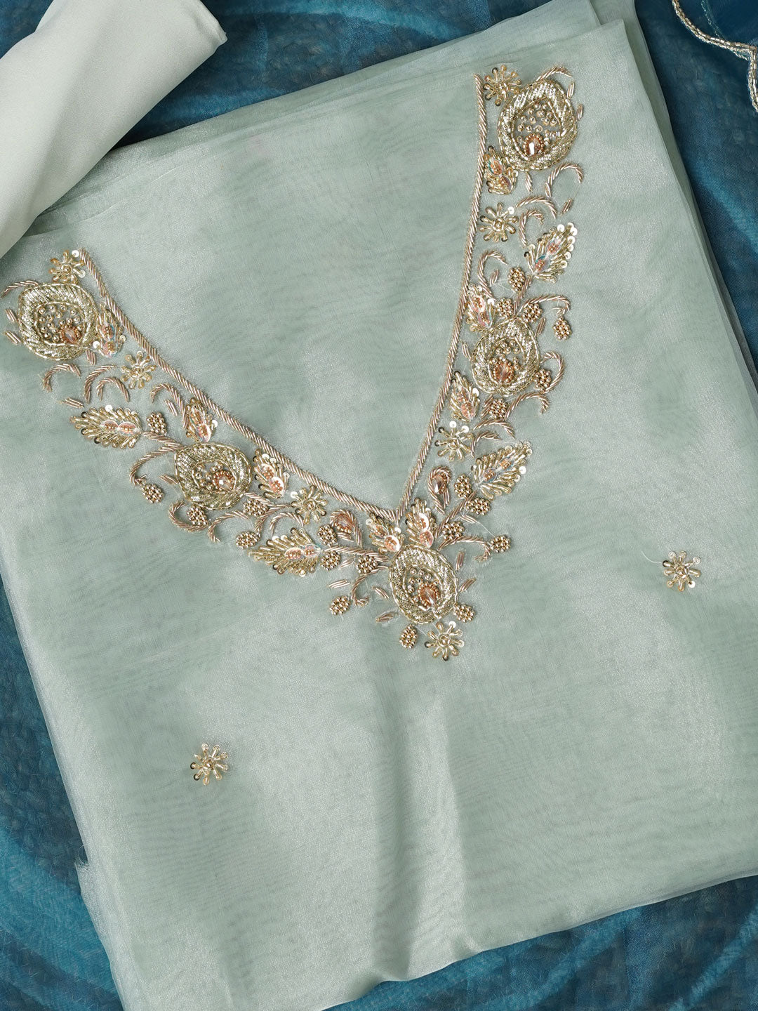 Soft Green Glow Hand Embroidered Unstitched Suit Set with Zari & Zardozi Work