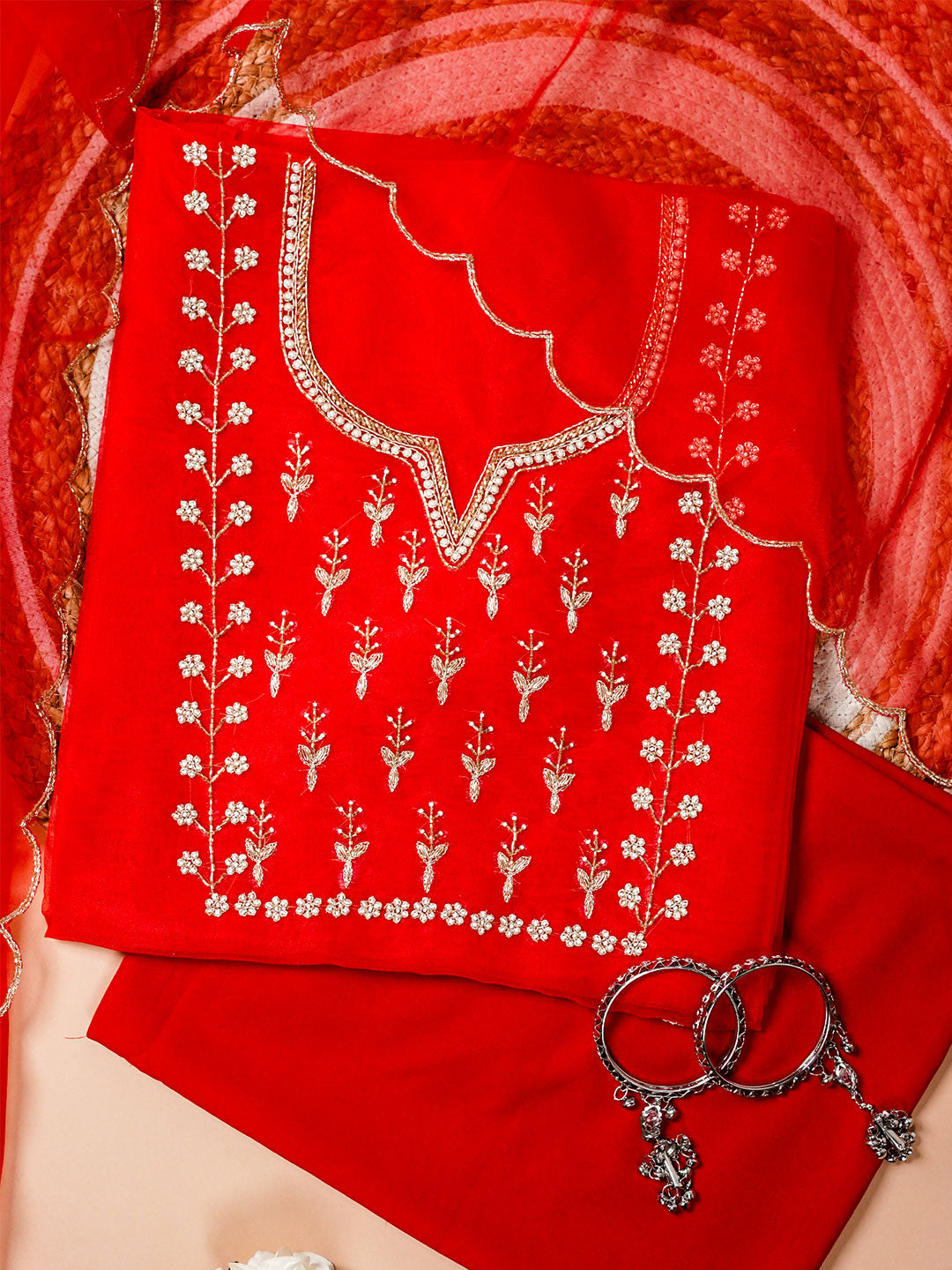 Scarlet Red Glow Hand Embroidered Unstitched Suit with Zari & Sequin Work