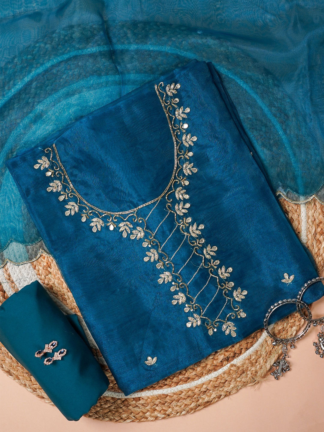 Ocean Blue Hand Embroidered Unstitched Suit Set with Gota Patti & Cutdana Work
